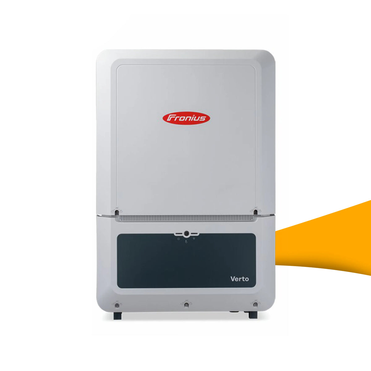 Fronius Verto Plus 17,5 omvormer voor zonnepanelen, krachtige PV-omvormer met hoog rendement voor zakelijke installaties, omvormer bestellen bij solago.nl, op witte achtergrond met oranje podium