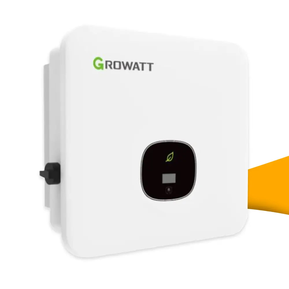 Growatt MOD omvormer serie voor zonnepanelen, efficiënte stringomvormers met hoog rendement voor betrouwbare PV-installaties, kopen bij solago.nl, op witte achtergrond met oranje podium