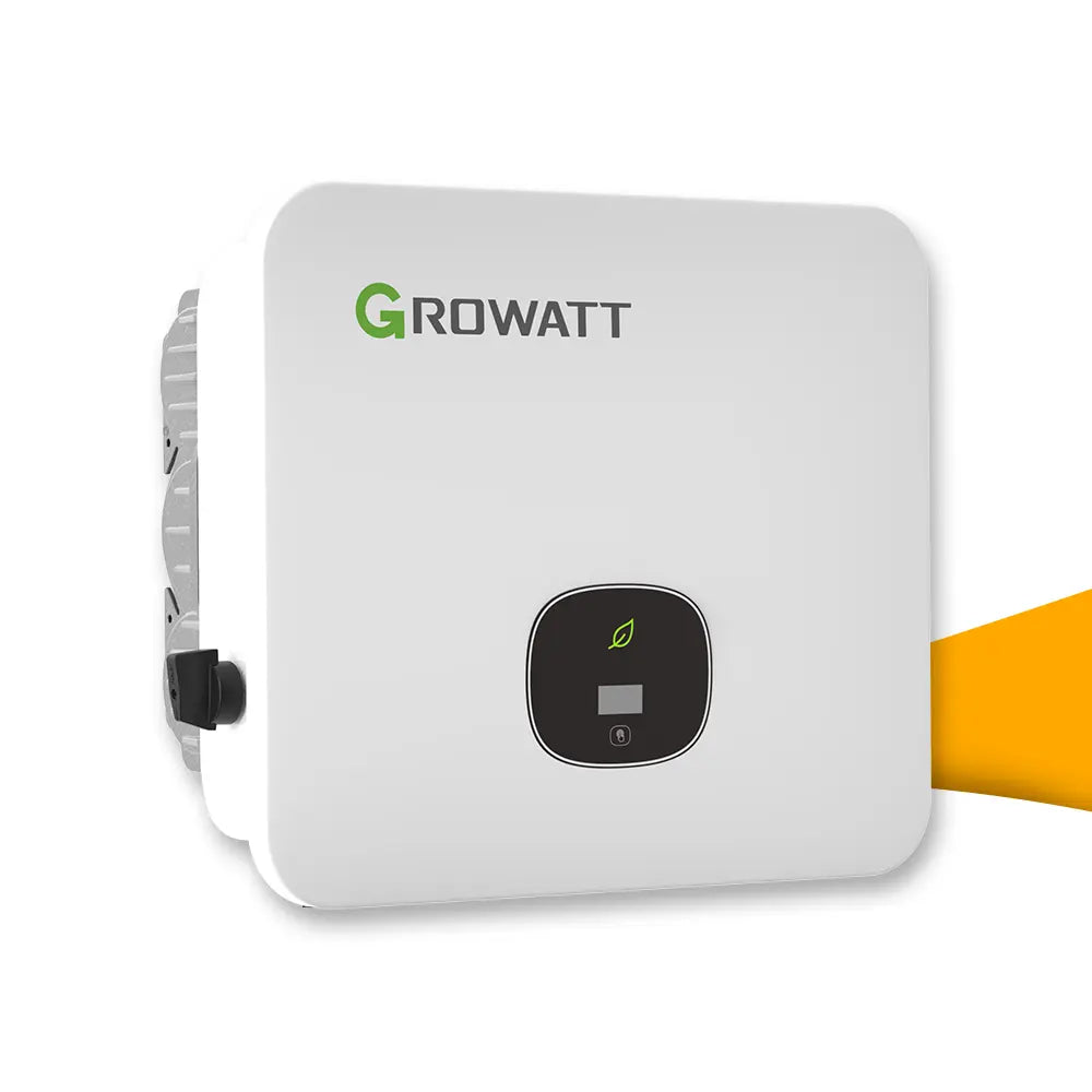 Growatt MOD 15KTL3-HU stringomvormer voor zonnepanelen, betrouwbare omvormer met hoog rendement voor efficiënte PV-opwek, stringomvormer bestellen bij solago.nl, op witte achtergrond met oranje podium