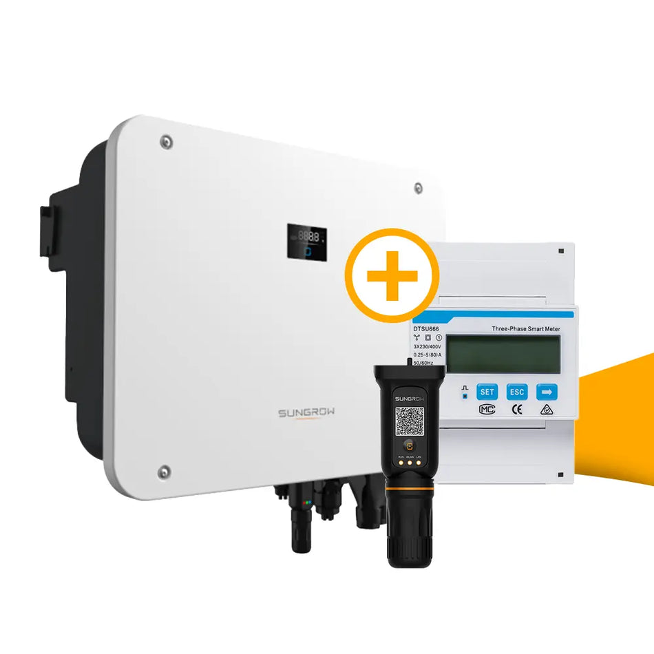 Sungrow Hybrid SH20T hybride omvormer incl. smartmeter v11 voor zonnepanelen, geschikt voor batterijopslag en slim energiebeheer, hybride omvormer kopen bij solago.nl, op witte achtergrond met oranje podium